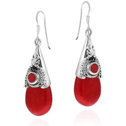 Vintage Red Reconstructed Coral Teardrop .925 Sterling Silver Dangle Fish Hook Earrings