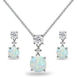 Sterling Silver Genuine, Created or Simulated Gemstone & White Topaz Round Three Stone Dangling Necklace & Stud Earrings Set