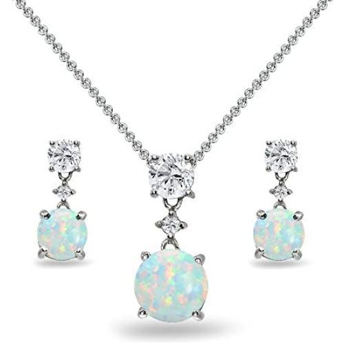 Sterling Silver Genuine, Created or Simulated Gemstone & White Topaz Round Three Stone Dangling Necklace & Stud Earrings Set