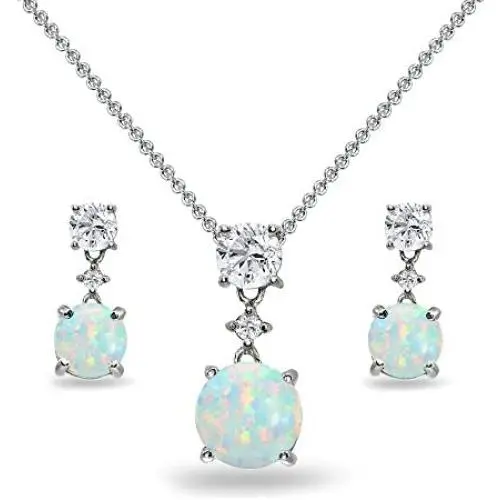 Sterling Silver Genuine, Created or Simulated Gemstone & White Topaz Round Three Stone Dangling Necklace & Stud Earrings Set Sterling Silver Genuine, Created or Simulated Gemstone & White Topaz Round Three Stone Dangling Necklace & Stud Earrings Set