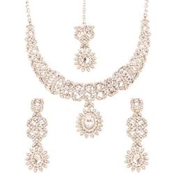 Touchstone Indian Bollywood Intricately Crafted Diamond Look Rhinestone Crystal Colorful Wedding Designer Jewelry Necklace Set in Gold and Silver Tone for Women.