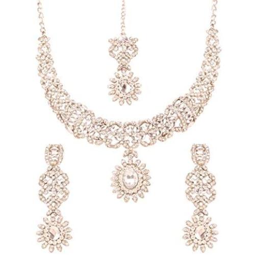 Touchstone Indian Bollywood Intricately Crafted Diamond Look Rhinestone Crystal Colorful Wedding Designer Jewelry Necklace Set in Gold and Silver Tone for Women.