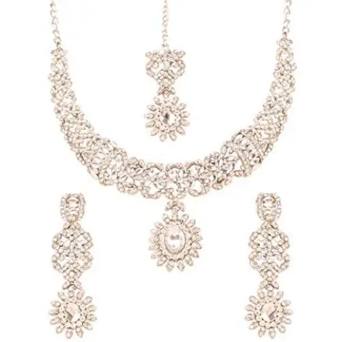 Touchstone Indian Bollywood Intricately Crafted Diamond Look Rhinestone Crystal Colorful Wedding Designer Jewelry Necklace Set in Gold and Silver Tone for Women.