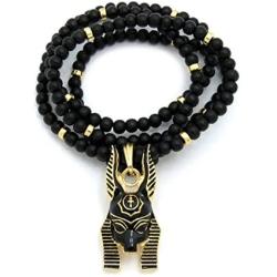 Fashion 21 Egypt God Anubis Head Pendant 6mm 30'' Wooden Bead Necklace in Gold, Silver Tone