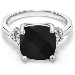 Gem Stone King 925 Sterling Silver Black Onyx Womens Ring (3.89 Cttw Cushion Checkerboard Cut, Gemstone Birthstone, Available in size 5, 6, 7, 8, 9)