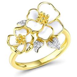 Santuzza Orchid Rings 925 Sterling Silver Elegant White Flower Delicate Enamel Ring Cubic Zirconia Jewelry for Women