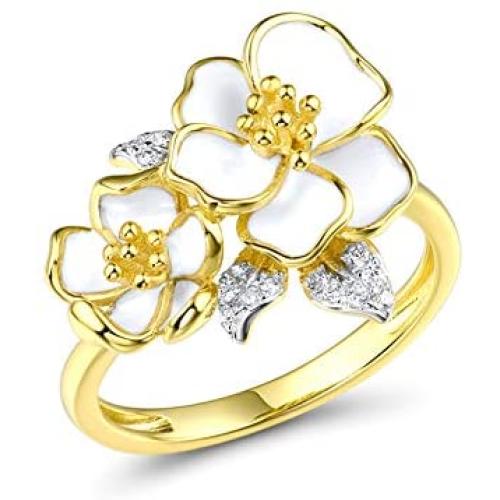 Santuzza Orchid Rings 925 Sterling Silver Elegant White Flower Delicate Enamel Ring Cubic Zirconia Jewelry for Women