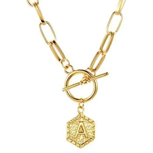BMMYE 14K Gold Chunky Link Chain Necklace Initial Letter Pendant Hexagon Medallion Minimalist Jewelry for Women Handmade Vintage Paperclip Choker BMMYE 14K Gold Chunky Link Chain Necklace Initial Letter Pendant Hexagon Medallion Minimalist Jewelry for Women Handmade Vintage Paperclip Choker