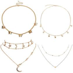 4 Sets Layered Choker Necklace Gold Butterfly Star Moon Heart Pendant Necklace Cute Vsco Multilayer Chain Choker Necklace for women teen girl