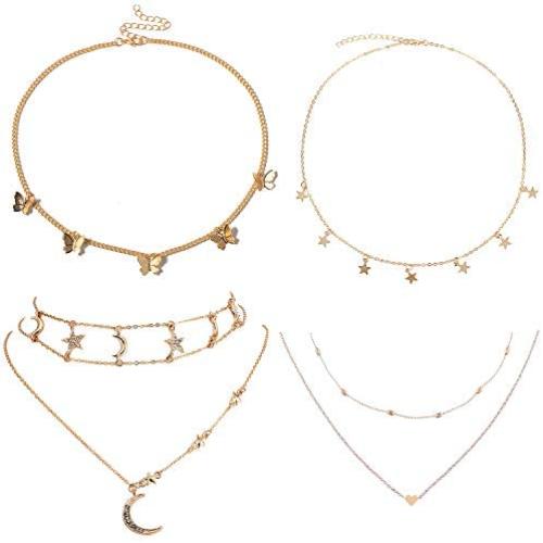 4 Sets Layered Choker Necklace Gold Butterfly Star Moon Heart Pendant Necklace Cute Vsco Multilayer Chain Choker Necklace for women teen girl