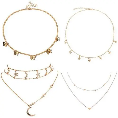 4 Sets Layered Choker Necklace Gold Butterfly Star Moon Heart Pendant Necklace Cute Vsco Multilayer Chain Choker Necklace for women teen girl