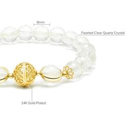 Rose&Poem Faceted Clear Quartz Crystal Bracelet, 14K Gold Plated Hollow Filigree Round Ball Charm Beaded Stretch Bracelet, Handmade 8mm Healing Crystal Gemstone Beads, Dainty Jewelry Gift