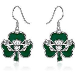 Sterling Silver Heart ST Patricks Day Shamrock Earrings Necklace Dangle Stud Hypoallergenic Cute Mardi Gras Valentines Carnival Prom Dainty Love Ruby Emerald