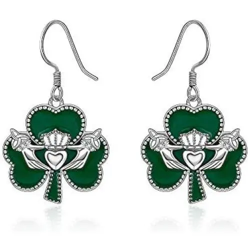 Sterling Silver Heart ST Patricks Day Shamrock Earrings Necklace Dangle Stud Hypoallergenic Cute Mardi Gras Valentines Carnival Prom Dainty Love Ruby Emerald