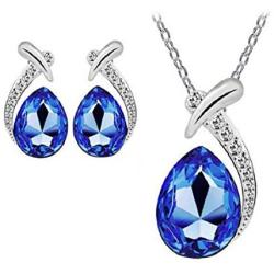 Harlorki Womens Shiny Crystal Rhinestone Silver Plated Pendent Chain Necklace Stud Earring Costume Fashion Jewelry Set (Royal Blue)