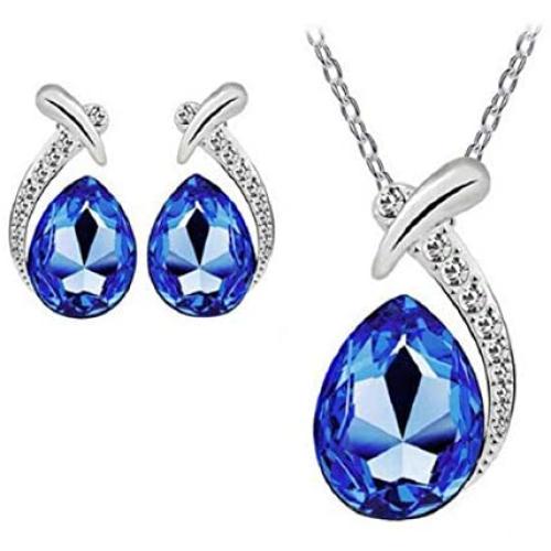 Harlorki Womens Shiny Crystal Rhinestone Silver Plated Pendent Chain Necklace Stud Earring Costume Fashion Jewelry Set (Royal Blue)