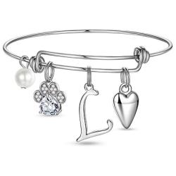 Ursteel Dog Mom Gifts for Women, Cubic Zirconia Paw Print Initial Charm Bracelet for Women Cat Dog Lover Gifts, Mothers Day Valentines Gifts for Dog Mom