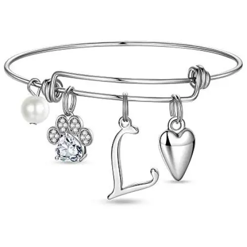 Ursteel Dog Mom Gifts for Women, Cubic Zirconia Paw Print Initial Charm Bracelet for Women Cat Dog Lover Gifts, Mothers Day Valentines Gifts for Dog Mom