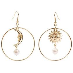 Sun Moon Asymmetric Imitation Pearl Earrings, Gold Annulus Pendant Earrings Drop Earrings