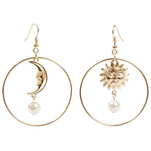Sun Moon Asymmetric Imitation Pearl Earrings, Gold Annulus Pendant Earrings Drop Earrings