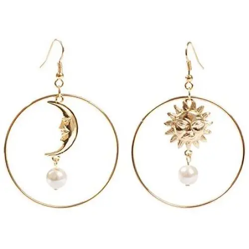 Sun Moon Asymmetric Imitation Pearl Earrings, Gold Annulus Pendant Earrings Drop Earrings Sun Moon Asymmetric Imitation Pearl Earrings, Gold Annulus Pendant Earrings Drop Earrings