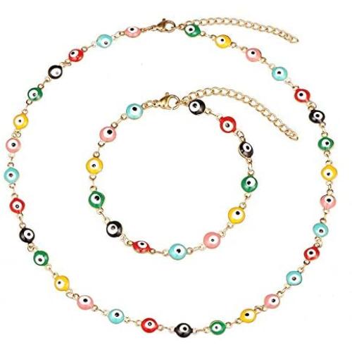 Evil Eye Necklace Bracelet Set for Women Girls,18k Gold Plated Stainless Steel