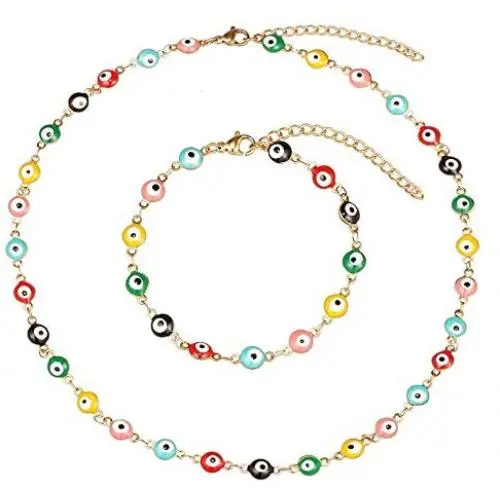 Evil Eye Necklace Bracelet Set for Women Girls,18k Gold Plated Stainless Steel Evil Eye Necklace Bracelet Set for Women Girls,18k Gold Plated Stainless Steel
