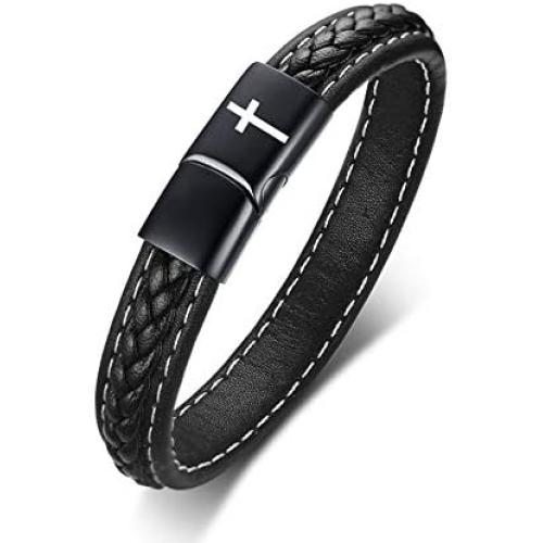 MPRAINBOW Custom Personalized Stainless Steel Message Date Oath Leather Cuff Bracelet for Men Birthday Gift for Men
