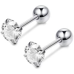 Sllaiss 2Pcs 18G S925 Sterling Silver Stud Earrings For Women Girls CZ Cartilage Tragus Helix Earring Studs Piercing Jewelry 3-6MM