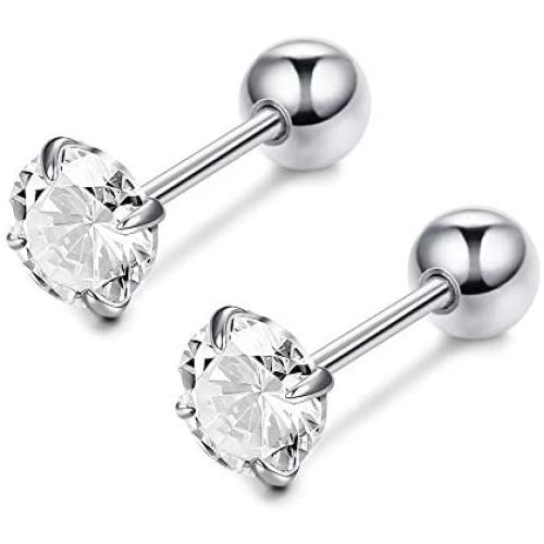 Sllaiss 2Pcs 18G S925 Sterling Silver Stud Earrings For Women Girls CZ Cartilage Tragus Helix Earring Studs Piercing Jewelry 3-6MM