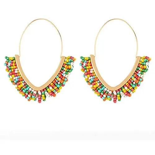 Wollet V-shaped Beaded Earrings Statement Beaded Drop Fringe Earrings, Boho Handmade Bead Tassel Earrings Jewelry Gift for Women Girls