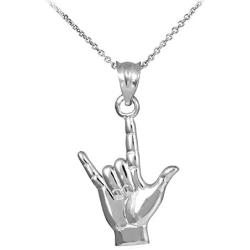 925 Sterling Silver I Love You Hand Sign Language Charm Pendant Necklace