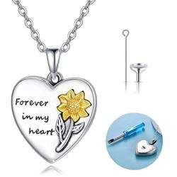 Sunflower Urn Pendant Necklace for Ashes,Sterling Silver Cremation Jewelry Forever in My Heart Memorial Keepsake Necklace Gifts
