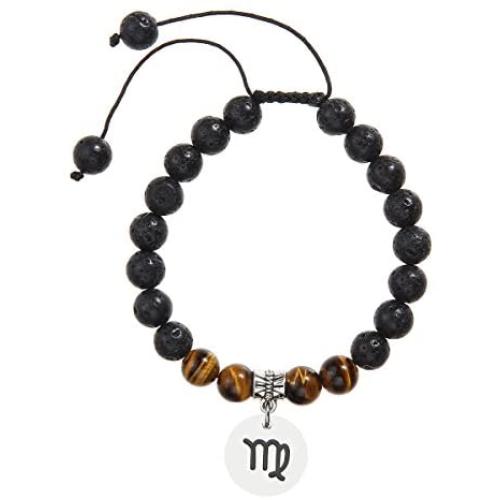 Meibai Handmade 8mm Lava Rock Tiger Eye Natural Stone Beads Bracelet with Constellation Zodiac Sign Charm Adjustable Size