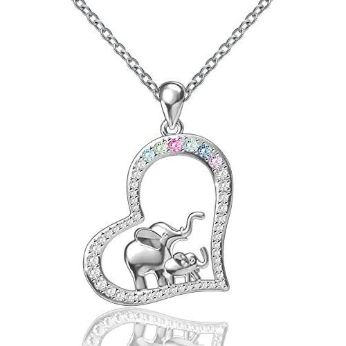 FREECO S925 Sterling Silver Lucky Elephant Love Heart Mother and Daughter Necklace for Women Girls