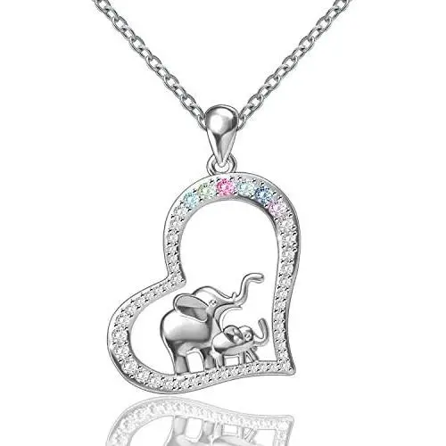 FREECO S925 Sterling Silver Lucky Elephant Love Heart Mother and Daughter Necklace for Women Girls FREECO S925 Sterling Silver Lucky Elephant Love Heart Mother and Daughter Necklace for Women Girls