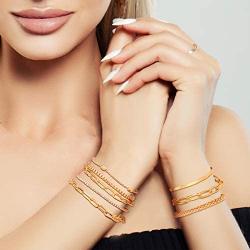 Hicarer 15 Pieces Women Chain Bracelets Set Adjustable Gold Cuban Snake Geometric Beaded Hip Hop Chunky Chain Link Bracelet for Women Girls Valentines Day Jewelry