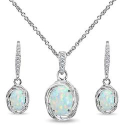 Sterling Silver Genuine or Synthetic Gemstone Oval Love Knot Leverback Earrings & Pendant Necklace Set