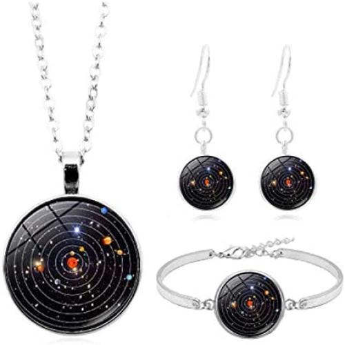 Long tiantian 4Pcs Solar System Necklace Bracelet Earrings for Women Galaxy Earrings Planet Jewellery Chakra Bracelet Planet Jewelry
