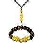 N/Q Feng Shui Pi Xiu Bracelet Necklace Set Black Obsidian Wealth Jewelry for Men Women Good Luck Adjustable Elastic Carved Mantra Bead Bracelet Necklace
