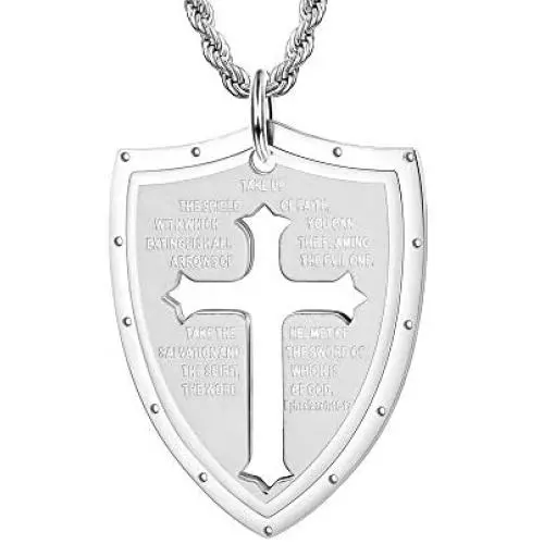 Jewenova Shield Armor of God Ephesians 6:16-17, Faith Cross Pendant Necklace for Men Stainless Steel Christian Jewelry Gifts for Men Women Jewenova Shield Armor of God Ephesians 6:16-17, Faith Cross Pendant Necklace for Men Stainless Steel Christian Jewelry Gifts for Men Women