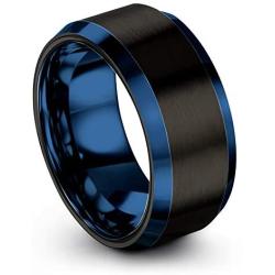 Chroma Color Collection Tungsten Carbide Wedding Band Ring 10mm for Men Women Green Red Blue Purple Black Gunmetal Copper Fuchsia Teal Interior with Blue Beveled Edge Brushed Polished
