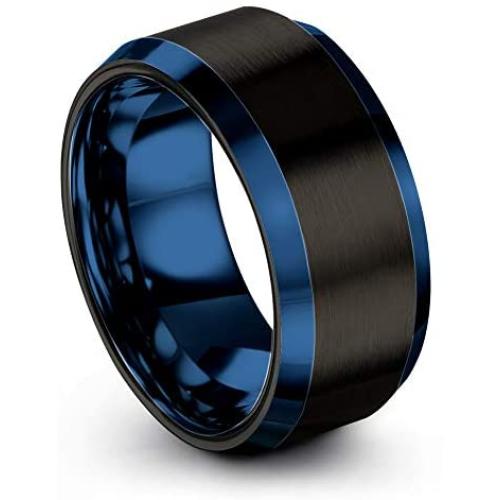 Chroma Color Collection Tungsten Carbide Wedding Band Ring 10mm for Men Women Green Red Blue Purple Black Gunmetal Copper Fuchsia Teal Interior with Blue Beveled Edge Brushed Polished