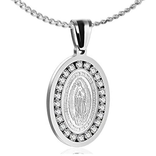 Heavstjer Fashion Stainless Steel Santa Maria Guadalupe Pendant Crystal Necklace,22inches Link Chain