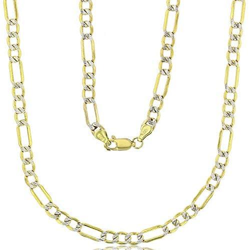 14k Two Tone Gold Hollow 2mm-10mm White Pave Figaro Chain with Lobster Claw Clasp | Italian Gold Necklaces | Gold Figaro Necklaces for Men and Women