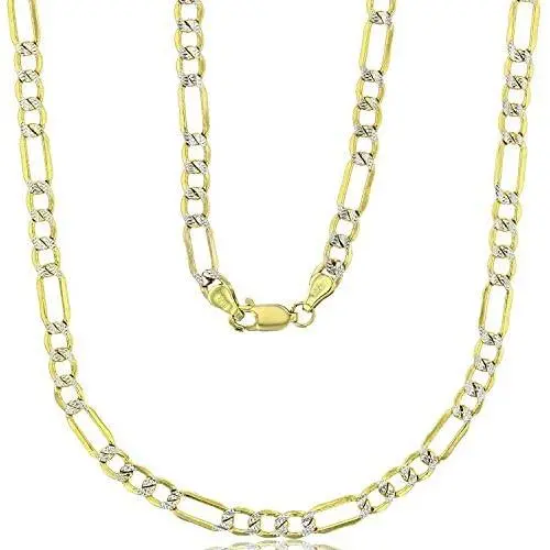 14k Two Tone Gold Hollow 2mm-10mm White Pave Figaro Chain with Lobster Claw Clasp | Italian Gold Necklaces | Gold Figaro Necklaces for Men and Women 14k Two Tone Gold Hollow 2mm-10mm White Pave Figaro Chain with Lobster Claw Clasp | Italian Gold Necklaces | Gold Figaro Necklaces for Men and Women