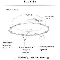Sllaiss 925 Sterling Silver Bracelet Double Layered Chain for Women Girls with Tiny Beads Pearl Adjustable Bracelet Chain Beach Style Anklet Jewelry