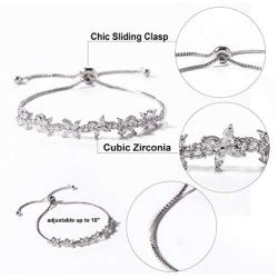 Miss Rabbit Cubic Zirconia Classic Flower Tennis Bracelet for Women with Elegant Box, White Gold Plating Bridal Adjustable Bracelet for Wedding Jewelry Gift