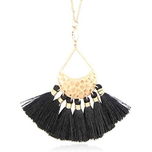 RIAH FASHION Bohemian Fringe Tassel Pendant Statement Necklace - Silky Strand Semi Circle Fan Thread, Pearl Turquoise Charm Delicate Long Chain