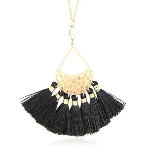 RIAH FASHION Bohemian Fringe Tassel Pendant Statement Necklace - Silky Strand Semi Circle Fan Thread, Pearl Turquoise Charm Delicate Long Chain RIAH FASHION Bohemian Fringe Tassel Pendant Statement Necklace - Silky Strand Semi Circle Fan Thread, Pearl Turquoise Charm Delicate Long Chain
